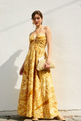 Yellow Printed Cutout Halter Maxi Dress
