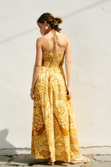 Yellow Printed Cutout Halter Maxi Dress