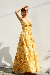 Yellow Printed Cutout Halter Maxi Dress