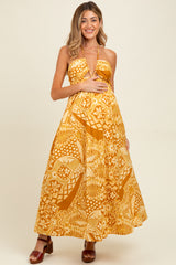 Yellow Printed Cutout Halter Maternity Maxi Dress