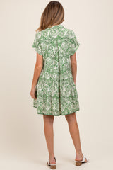 Green Damask Tiered Short Sleeve Maternity Shirt Dress