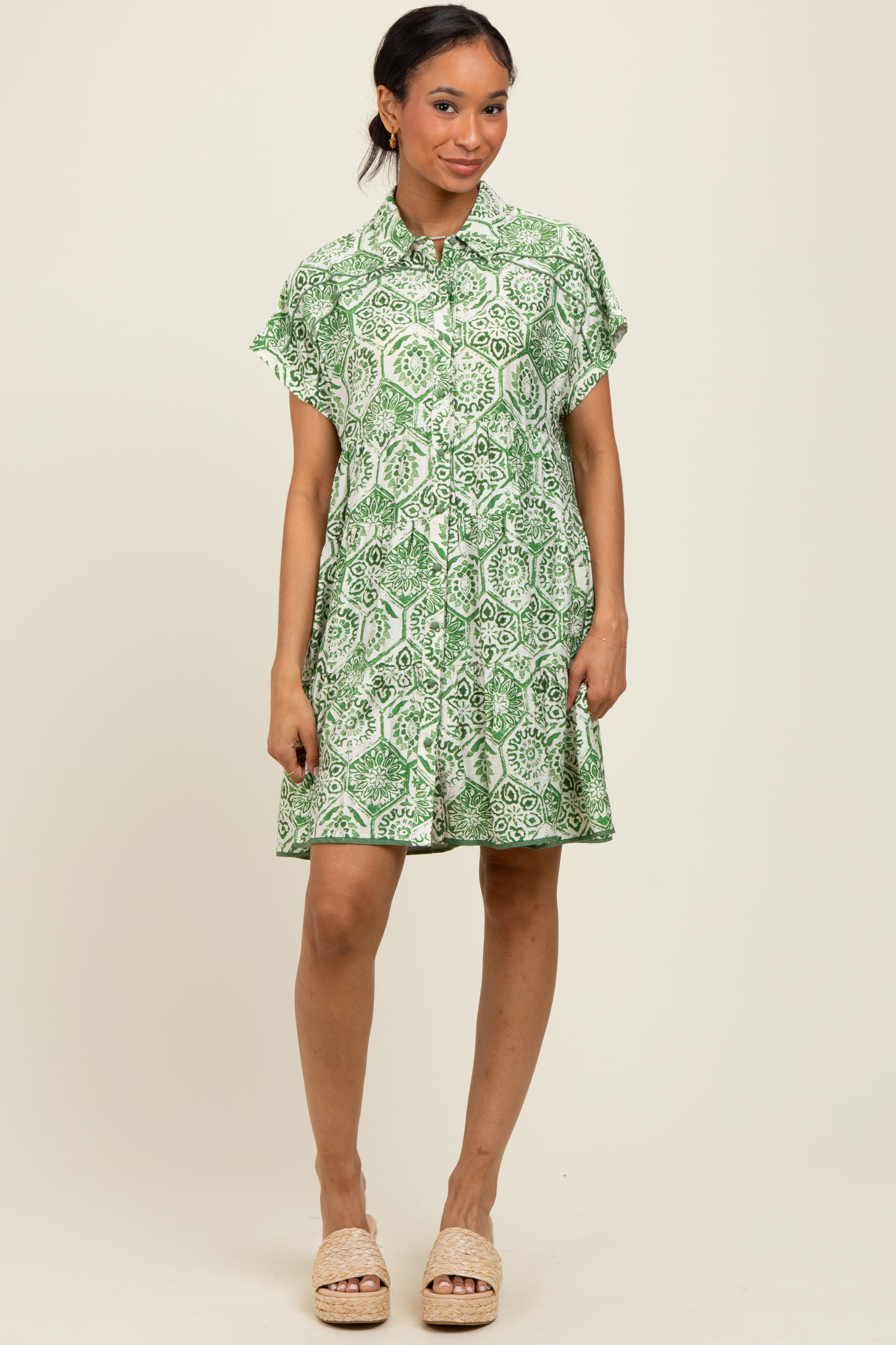 Green Damask Tiered Short Sleeve Maternity Shirt Dress
