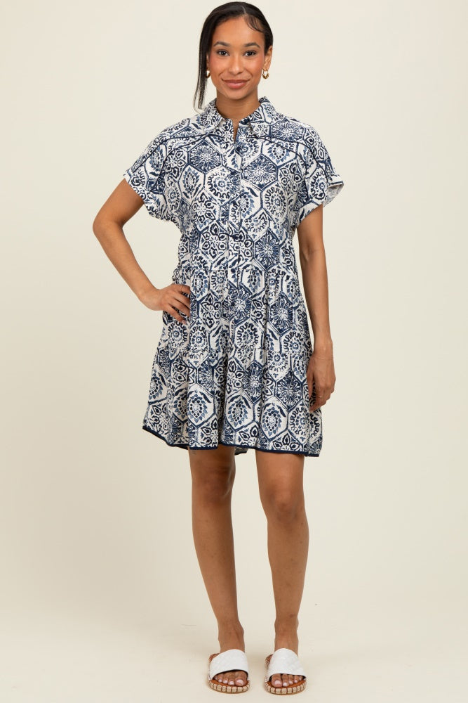Navy Damask Tiered Short Sleeve Maternity Shirt Dress