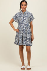 Navy Damask Tiered Short Sleeve Maternity Shirt Dress