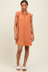 Peach Fringe Detail Ruffle Sleeve Shirt Dress