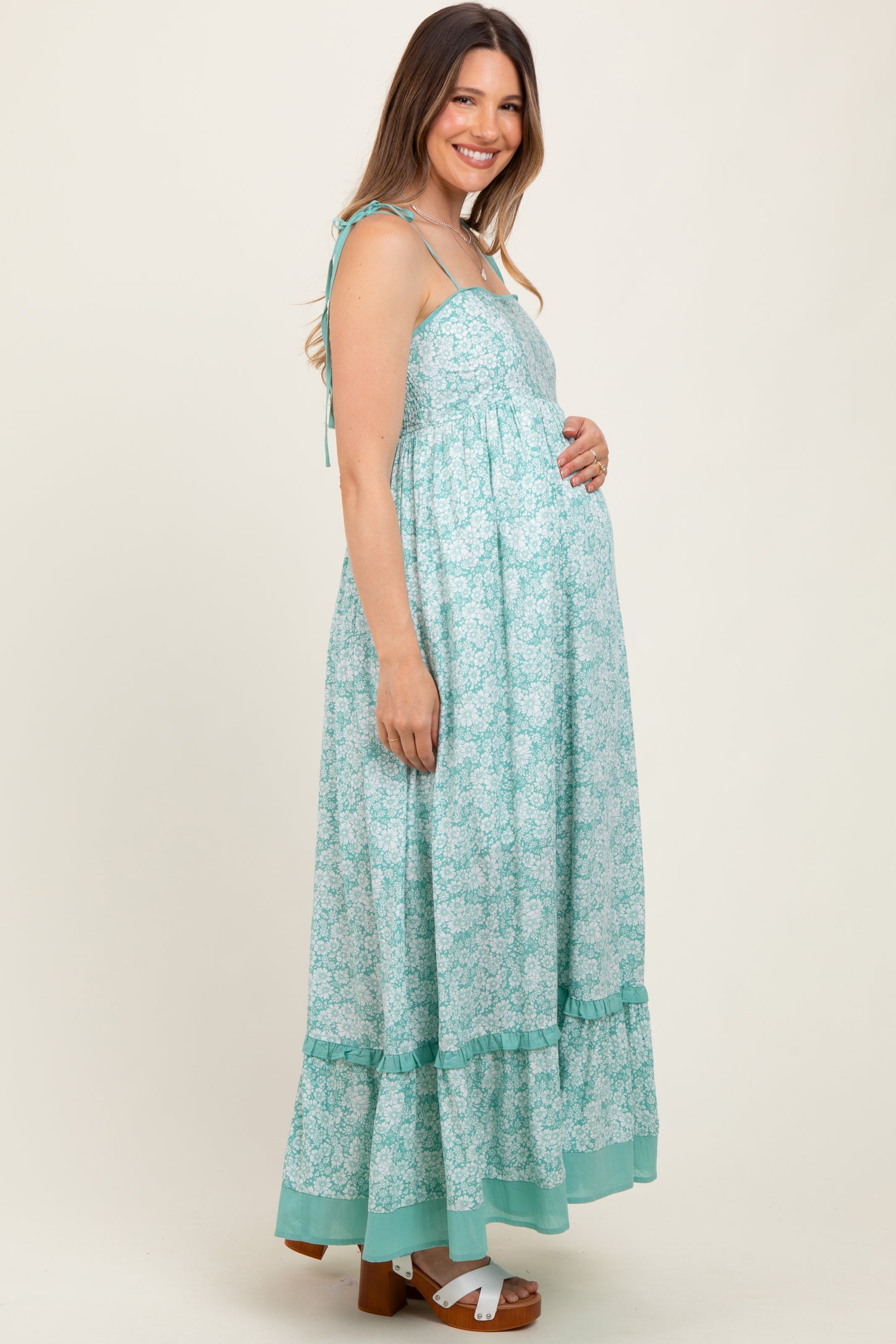 Mint Floral Shoulder Tie Maternity Maxi Dress
