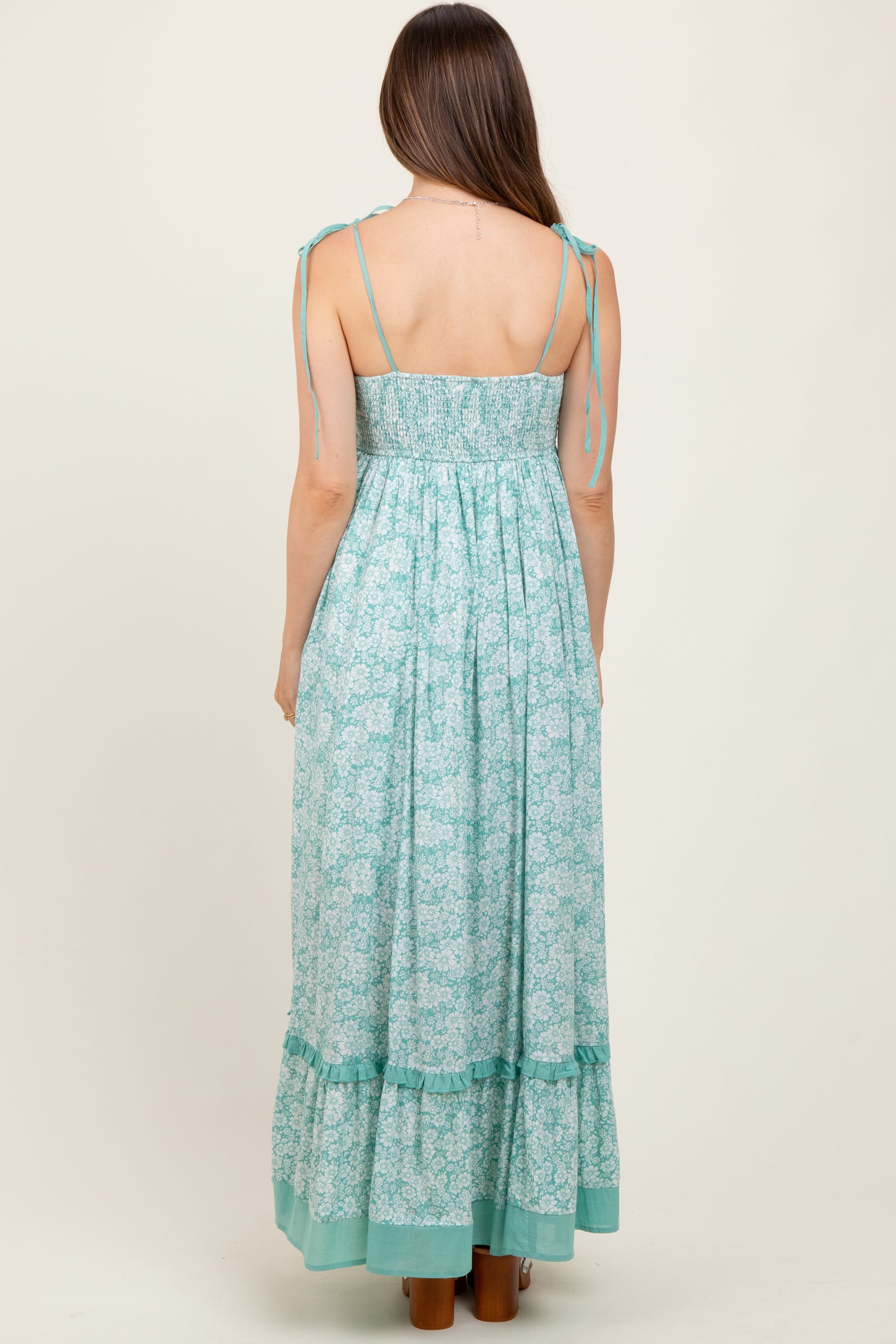 Mint Floral Shoulder Tie Maternity Maxi Dress