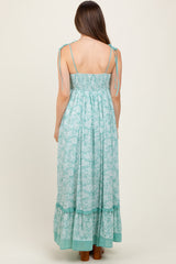 Mint Floral Shoulder Tie Maternity Maxi Dress