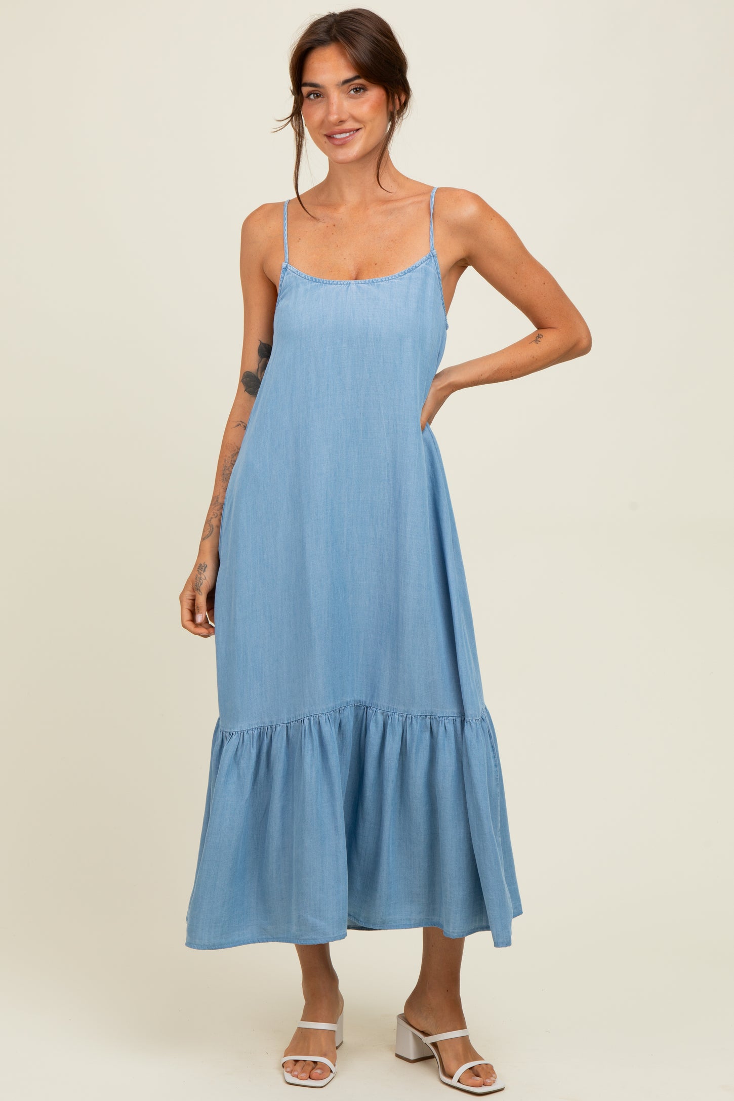 Light Blue Ruffle Hem Cami Midi Dress