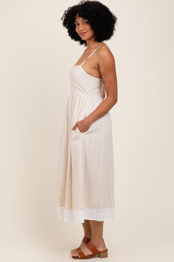 Beige Color Block Back Tie Midi Dress