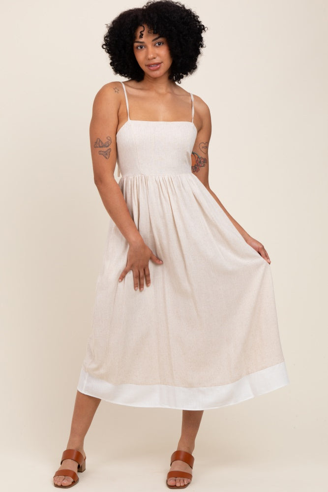 Beige Color Block Back Tie Maternity Midi Dress