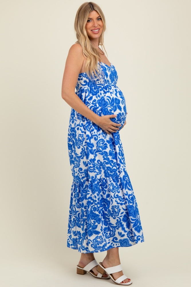 Blue Floral Flowy Ruffle Hem Maternity Maxi Dress