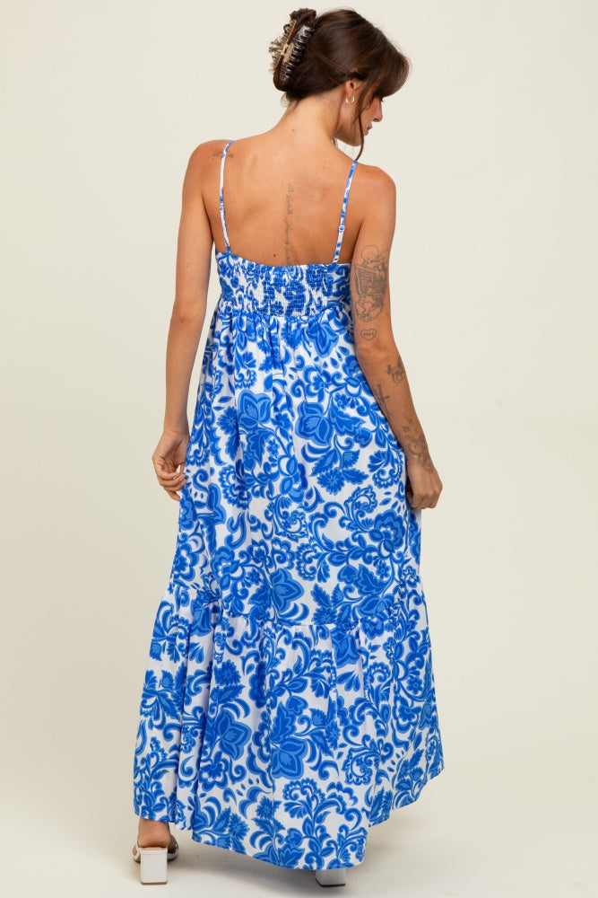 Blue Floral Flowy Ruffle Hem Maxi Dress