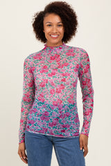 Pink Floral Mesh Long Sleeve Turtle Neck Top