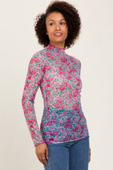 Pink Floral Mesh Long Sleeve Turtle Neck Top