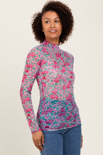 Pink Floral Mesh Long Sleeve Turtle Neck Top