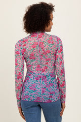 Pink Floral Mesh Long Sleeve Turtle Neck Top