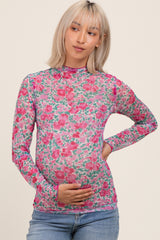 Pink Floral Mesh Long Sleeve Turtle Neck Maternity Top