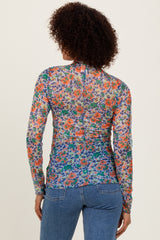 Blue Floral Mesh Long Sleeve Turtle Neck Top
