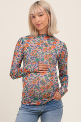 Blue Floral Mesh Long Sleeve Turtle Neck Maternity Top