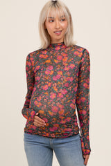 Black Floral Mesh Long Sleeve Turtle Neck Maternity Top