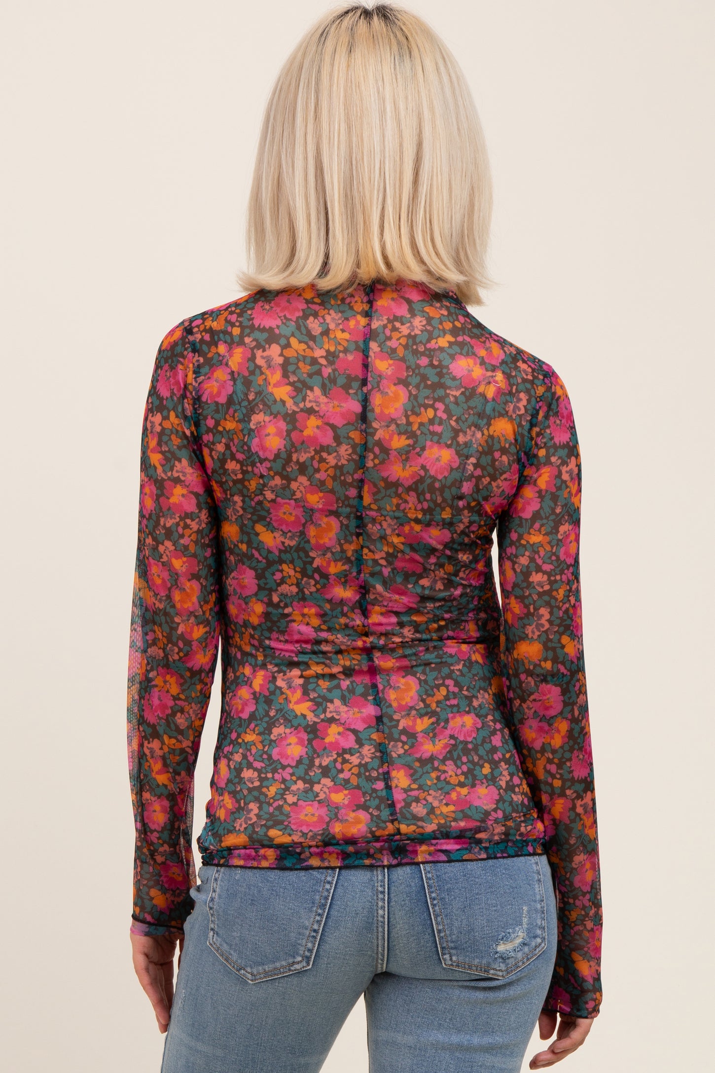 Black Floral Mesh Long Sleeve Turtle Neck Maternity Top