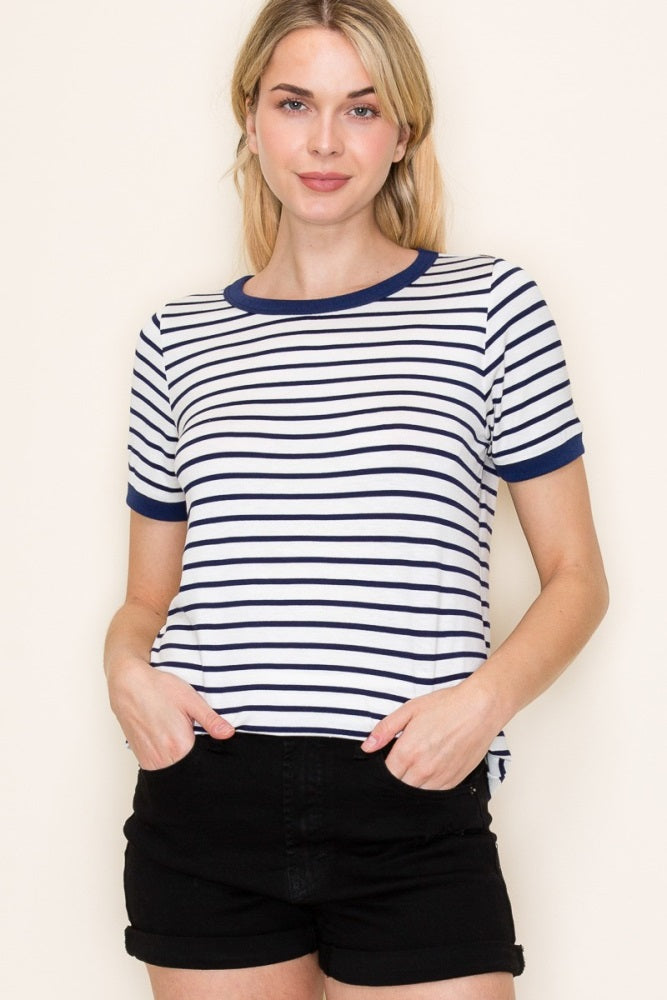 Navy Blue Striped Short Sleeve Top