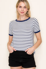 Navy Blue Striped Short Sleeve Top