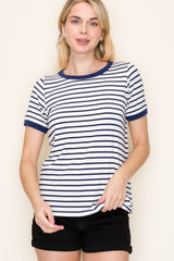 Navy Blue Striped Short Sleeve Top