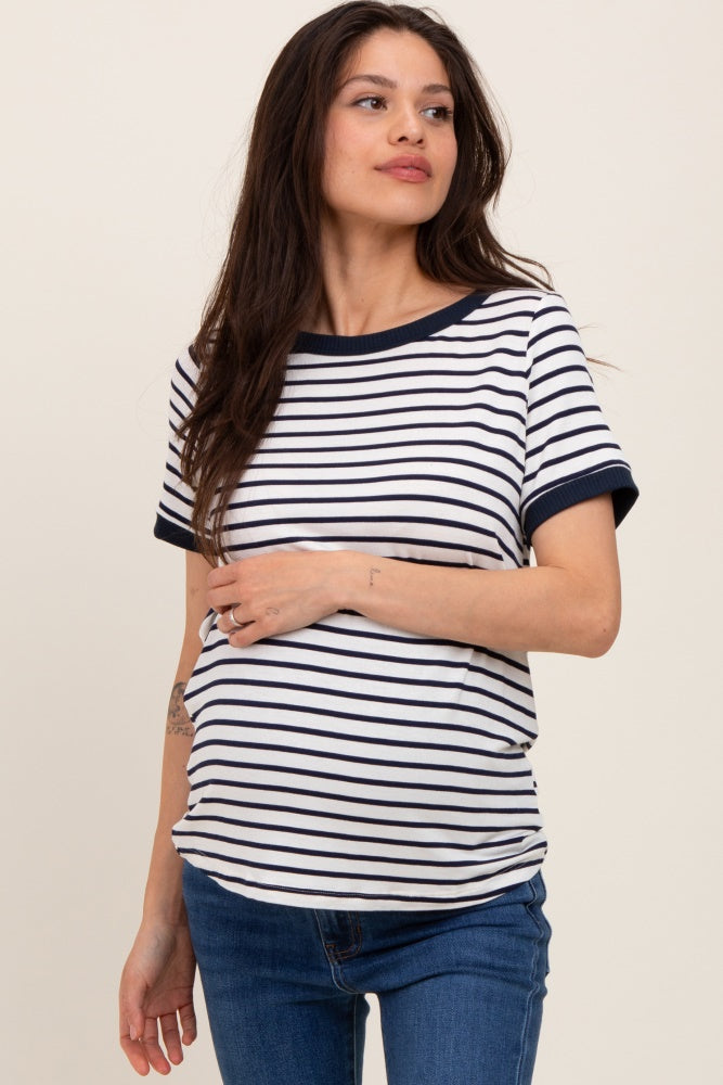Navy Blue Striped Short Sleeve Maternity Top