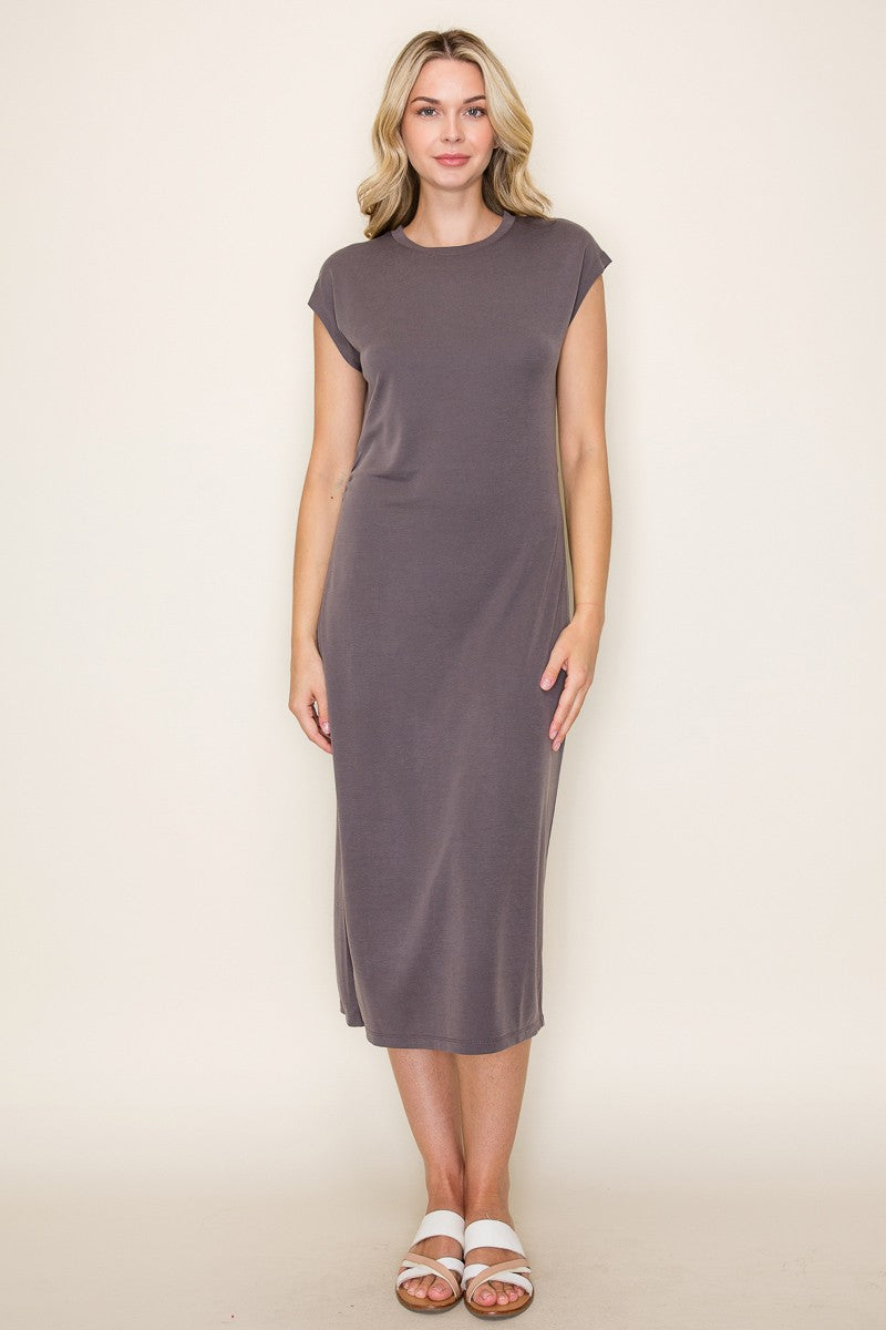 Charcoal Solid Short Sleeve Midi Dress