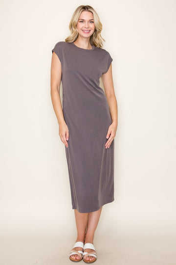 Charcoal Solid Short Sleeve Midi Dress