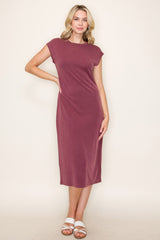 Burgundy Solid Short Sleeve Maternity Midi Dress