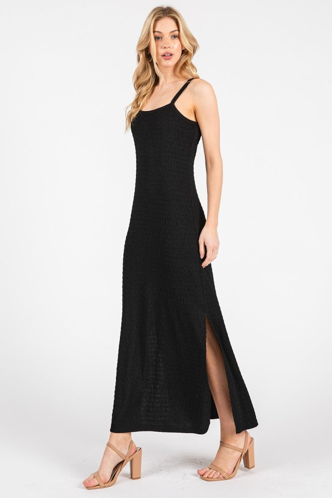 Black Textured Stripe Side Slit Maxi Dress