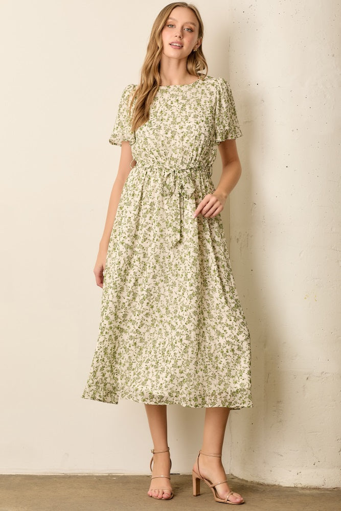 Light Olive Floral Waist Tie Midi Maxi Dress