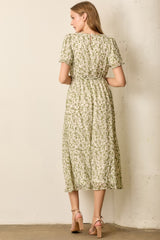 Light Olive Floral Waist Tie Midi Maxi Dress