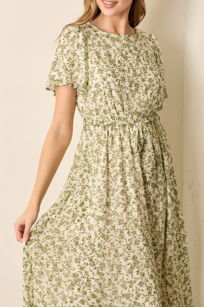 Light Olive Floral Waist Tie Midi Maxi Dress