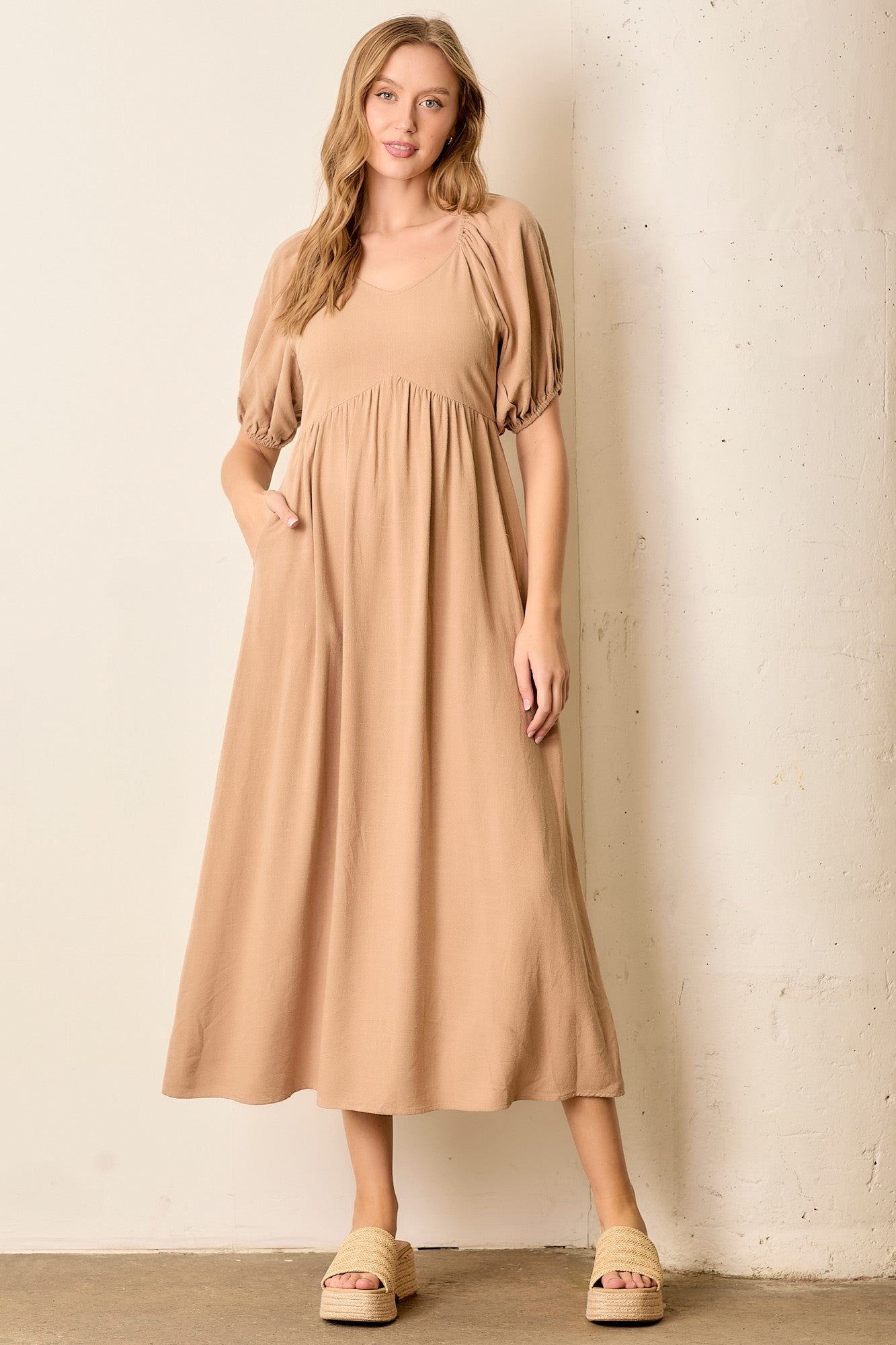 Tan Linen Short Puff Sleeve Maternity Midi Dress