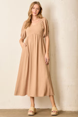 Tan Linen Short Puff Sleeve Maternity Midi Dress