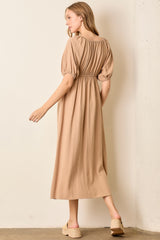 Tan Linen Short Puff Sleeve Midi Dress