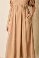 Tan Linen Short Puff Sleeve Midi Dress