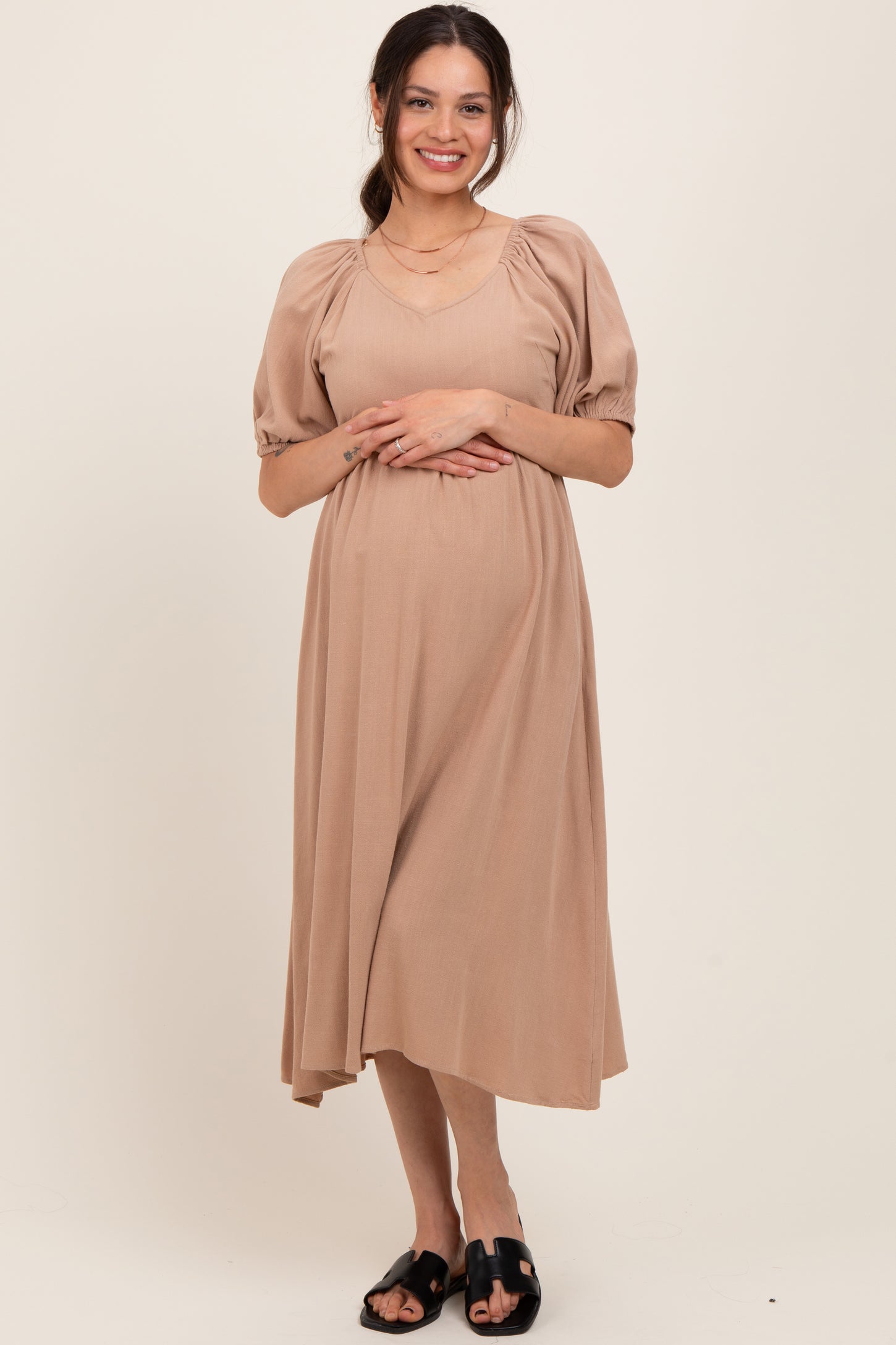 Tan Linen Short Puff Sleeve Maternity Midi Dress