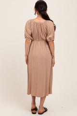Tan Linen Short Puff Sleeve Maternity Midi Dress