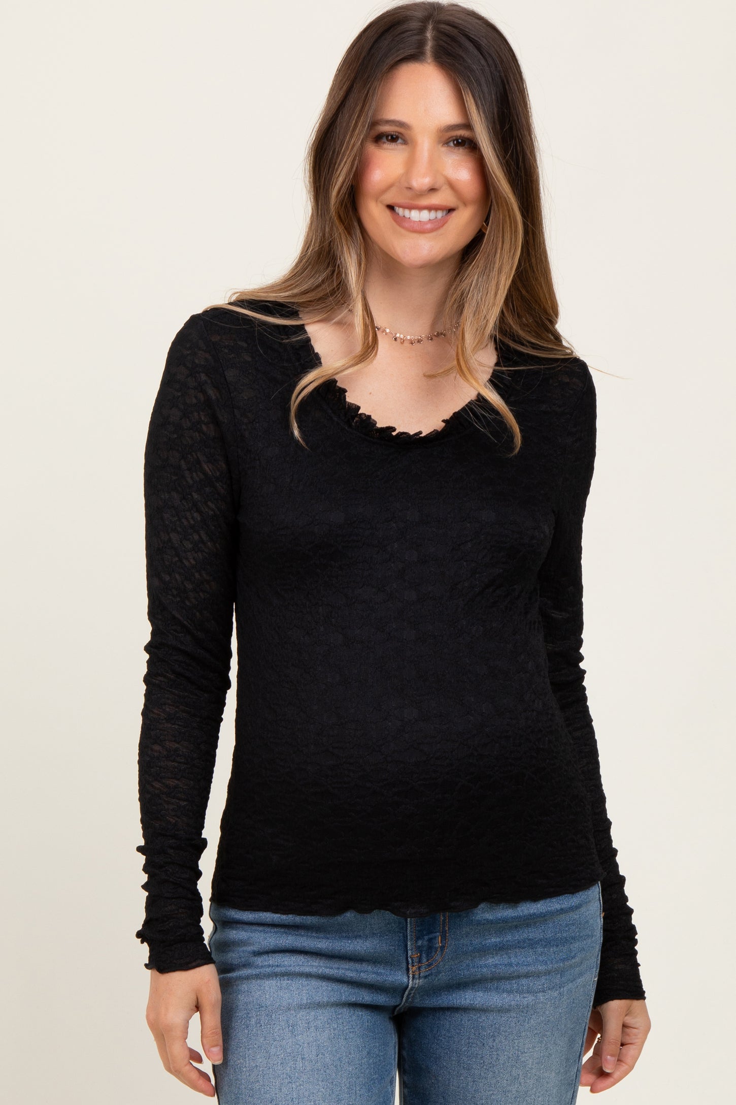 Black Lace Ruffle Neckline Maternity Long Sleeve Top
