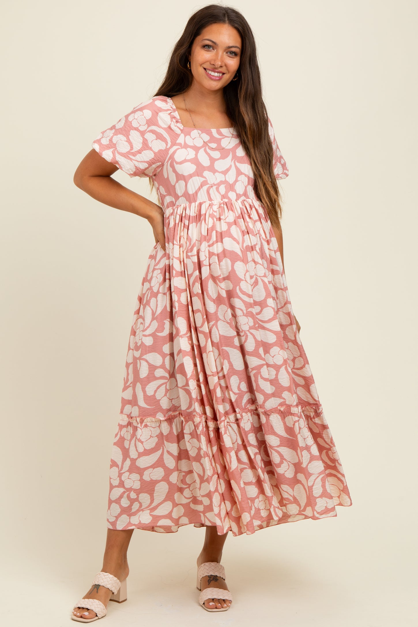 Pink Printed Square Neck Bubble Sleeve Maternity Maxi Dress