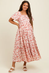 Pink Printed Square Neck Bubble Sleeve Maternity Maxi Dress