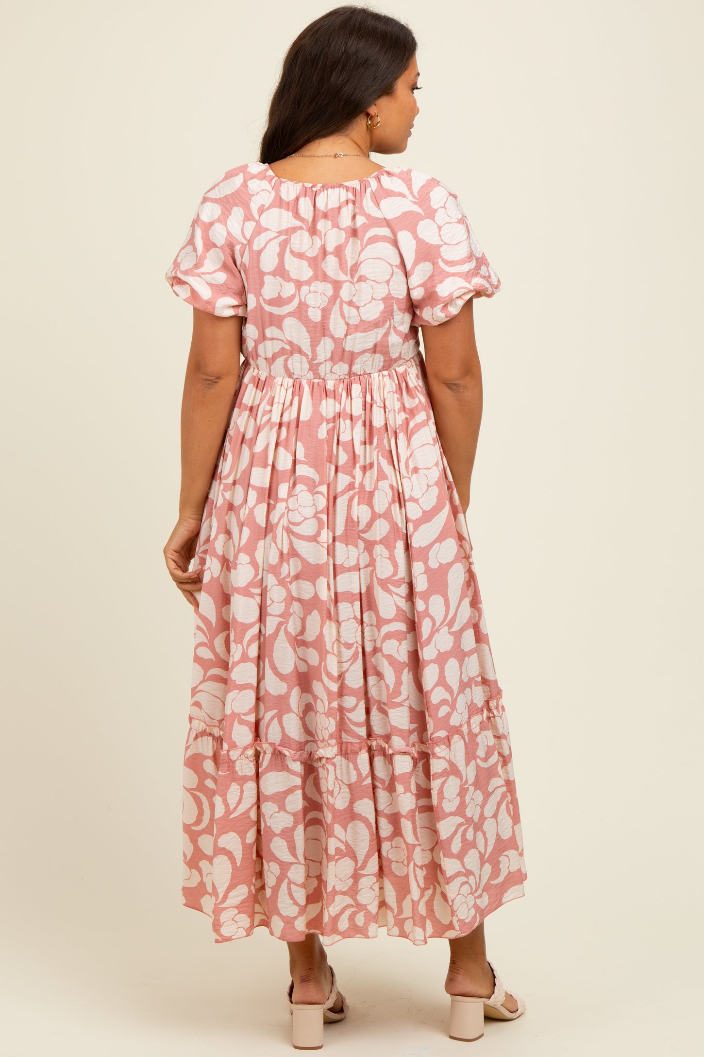 Pink Printed Square Neck Bubble Sleeve Maternity Maxi Dress