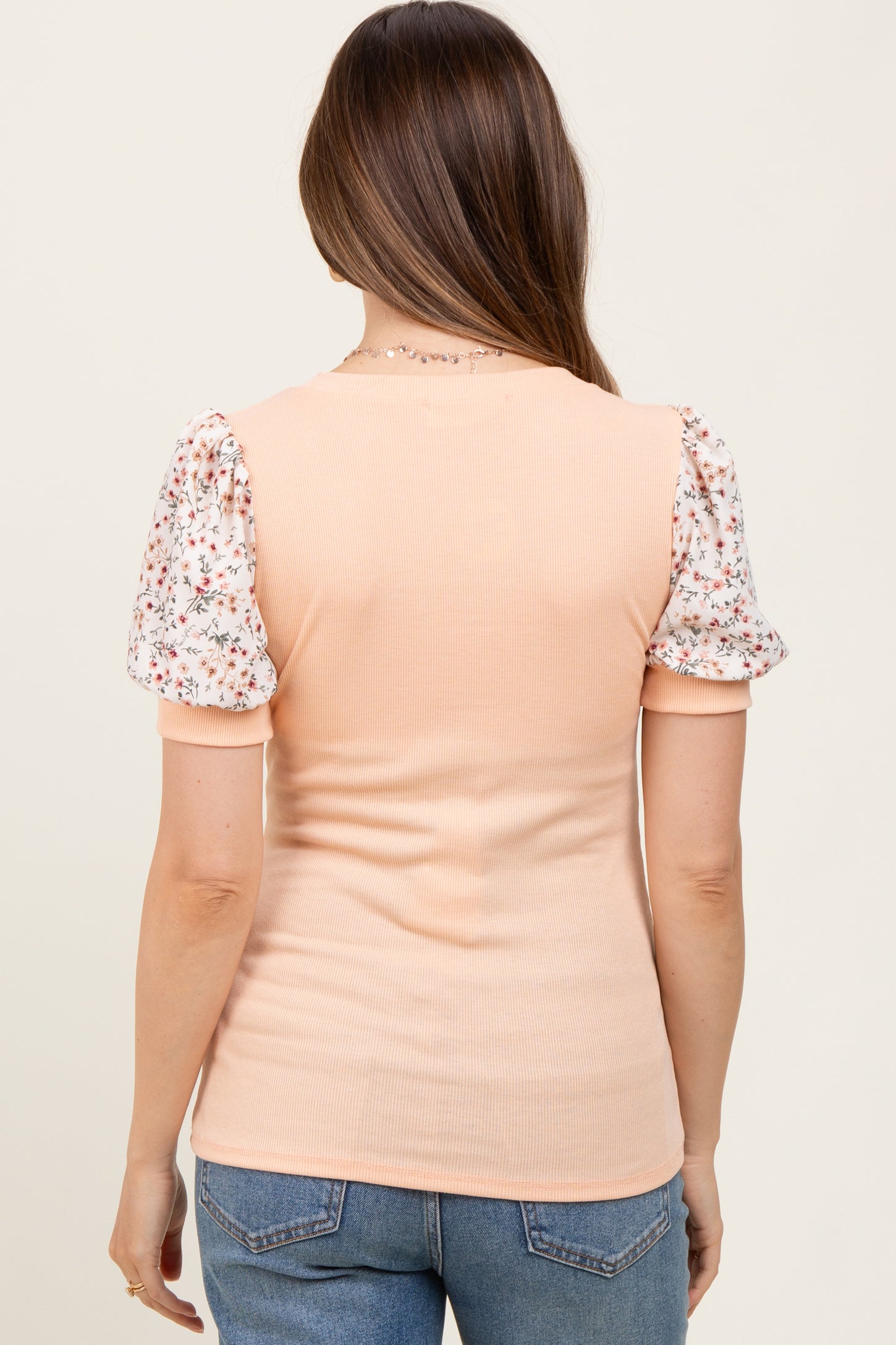 Peach Contrast Floral Puff Sleeve Maternity Top