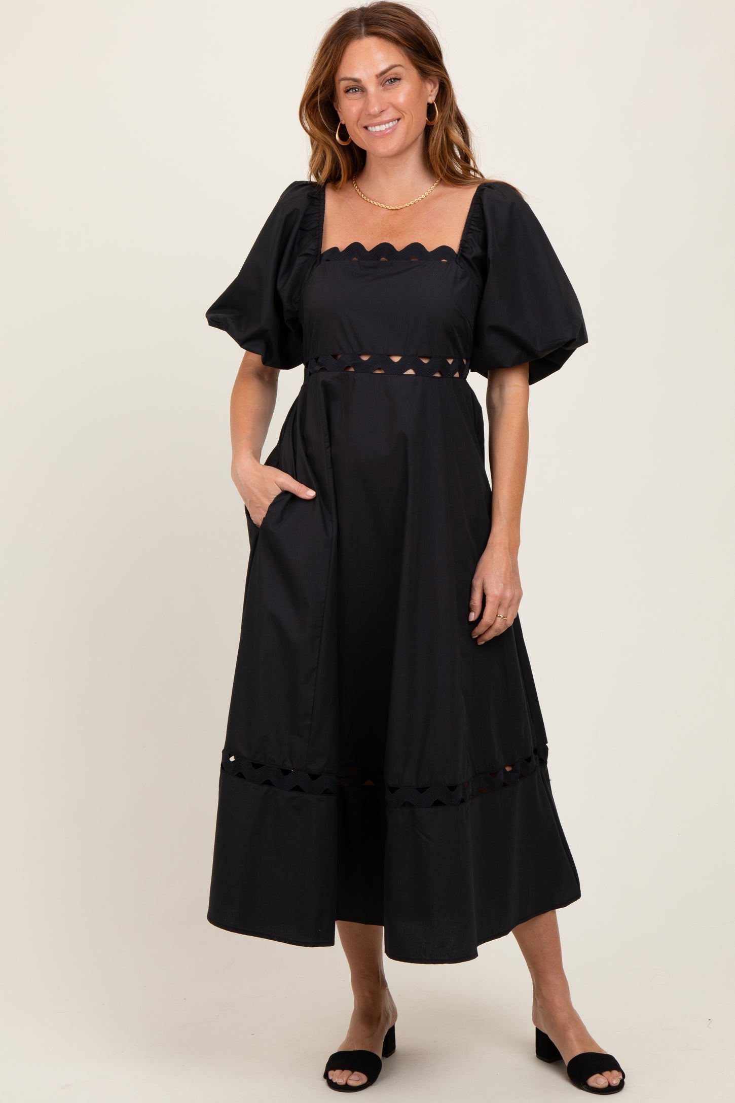 Black Wavy Trim Puff Sleeve Midi Dress