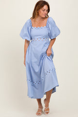 Blue Wavy Trim Puff Sleeve Midi Dress